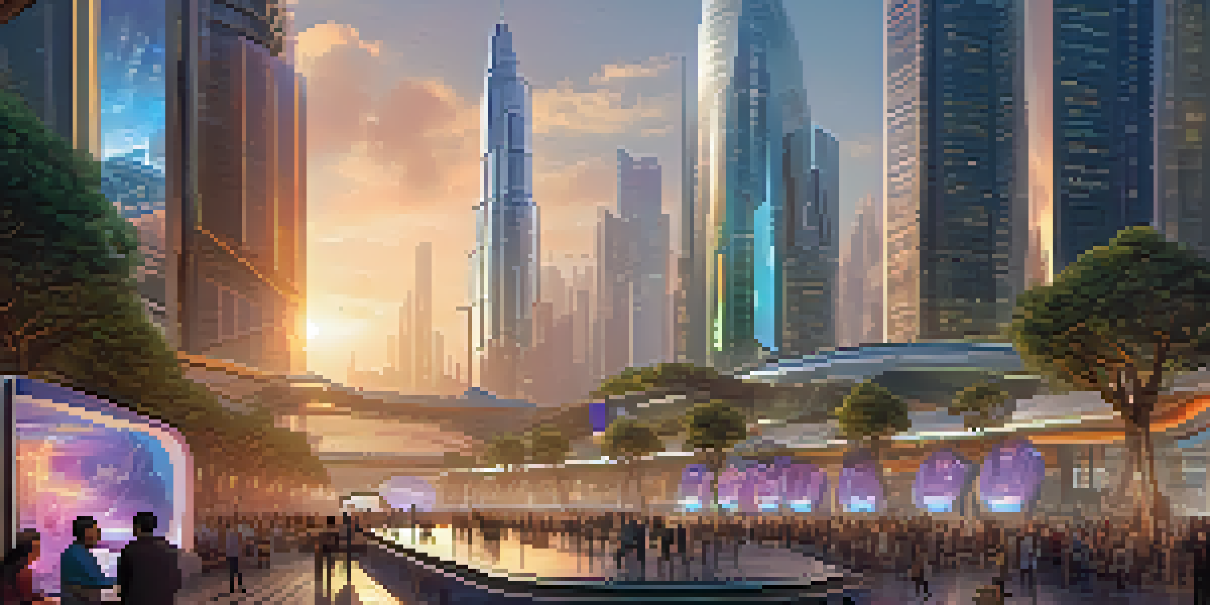 A futuristic city skyline with stablecoin symbols, featuring glass skyscrapers and a busy marketplace with people using digital devices.
