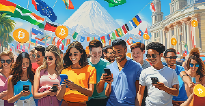 A diverse group of people joyfully using smartphones to send cryptocurrency internationally, with iconic landmarks in the background.