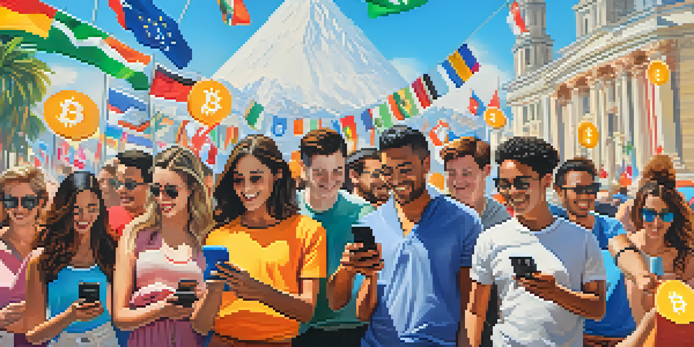 A diverse group of people joyfully using smartphones to send cryptocurrency internationally, with iconic landmarks in the background.