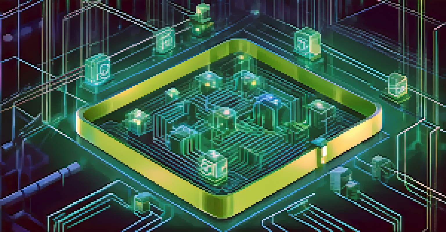 An illustration of a blockchain network with cryptographic symbols and a digital lock in a secure environment.