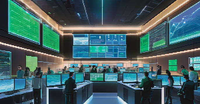 A modern control room with diverse professionals monitoring cryptocurrency transactions on large screens, featuring holographic visuals of goods in a global supply chain.