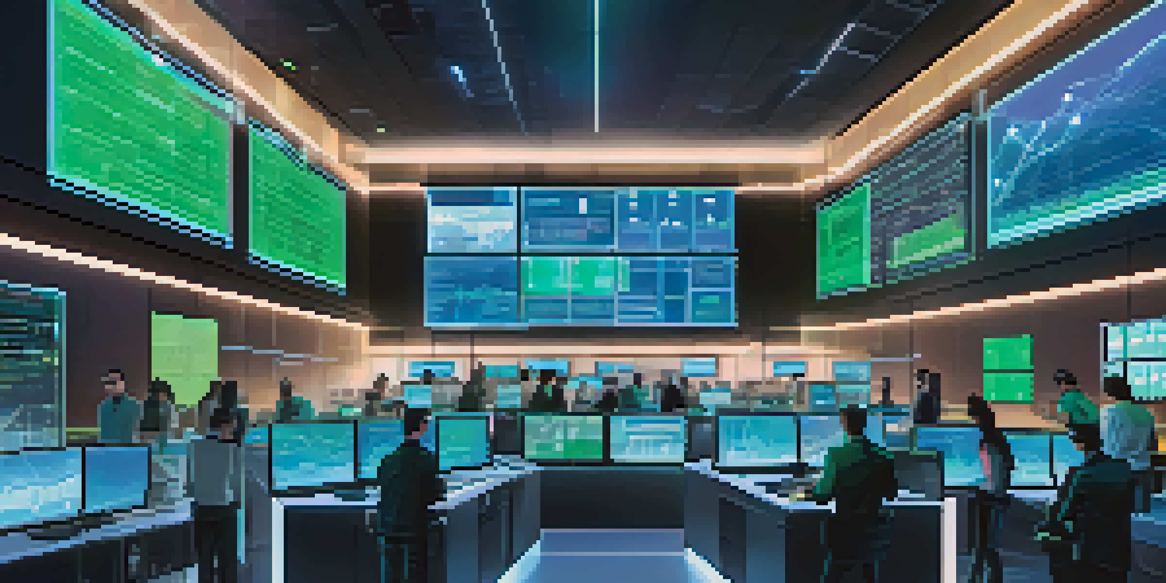 A modern control room with diverse professionals monitoring cryptocurrency transactions on large screens, featuring holographic visuals of goods in a global supply chain.