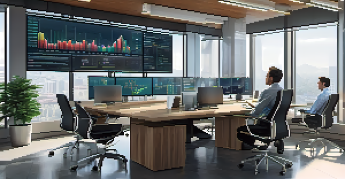 A bright office environment with analysts discussing cryptocurrency hedge fund performance, large screens showing charts and graphs.