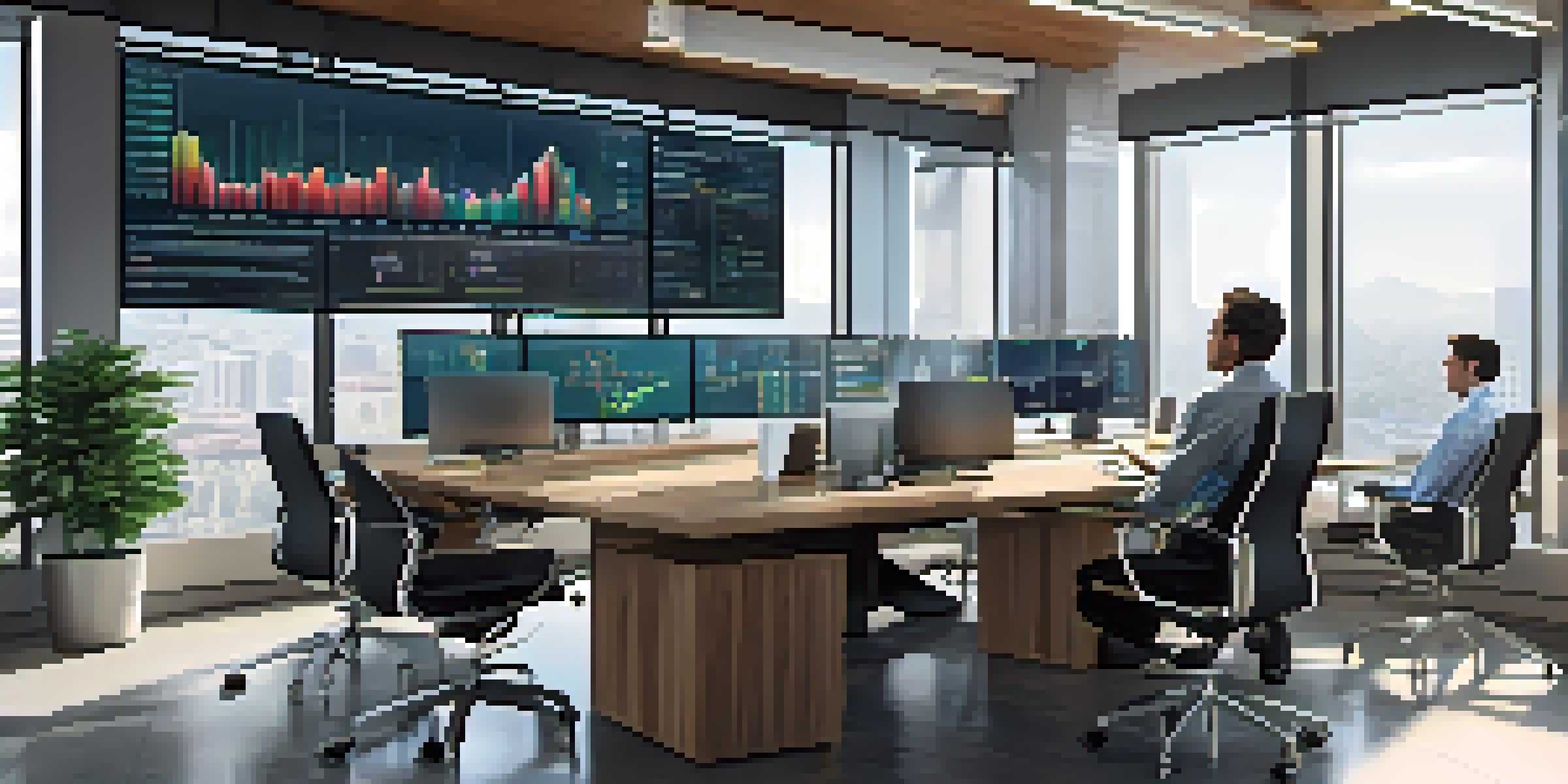 A bright office environment with analysts discussing cryptocurrency hedge fund performance, large screens showing charts and graphs.