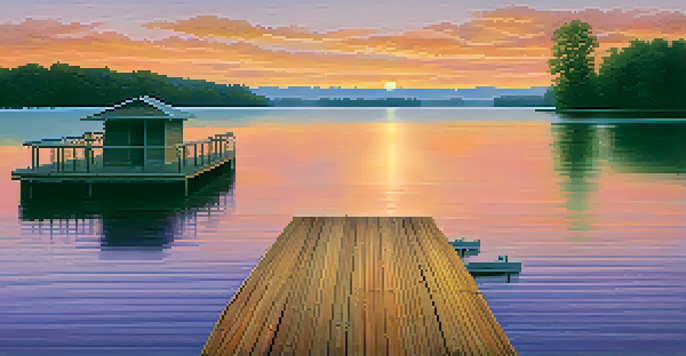 A calming sunset over a lake, with colorful reflections and a wooden dock.