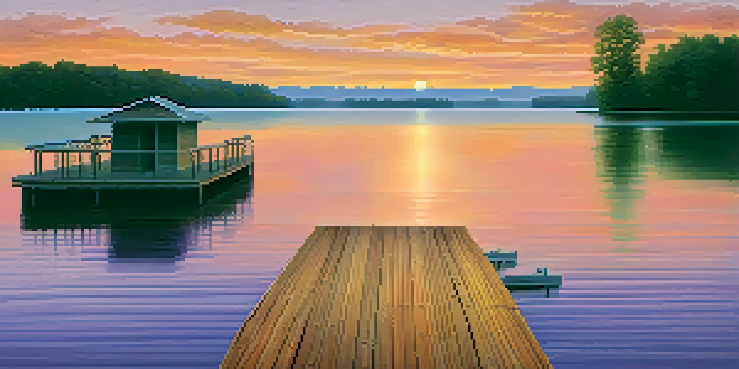 A calming sunset over a lake, with colorful reflections and a wooden dock.