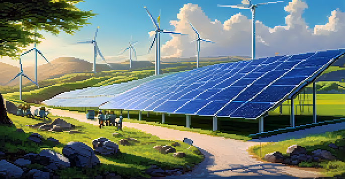 A peaceful scene of a cryptocurrency mining facility surrounded by green hills, featuring renewable energy sources like solar panels and wind turbines.