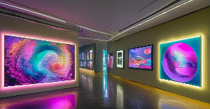 A modern digital art gallery with illuminated frames of unique digital artworks and a diverse crowd.