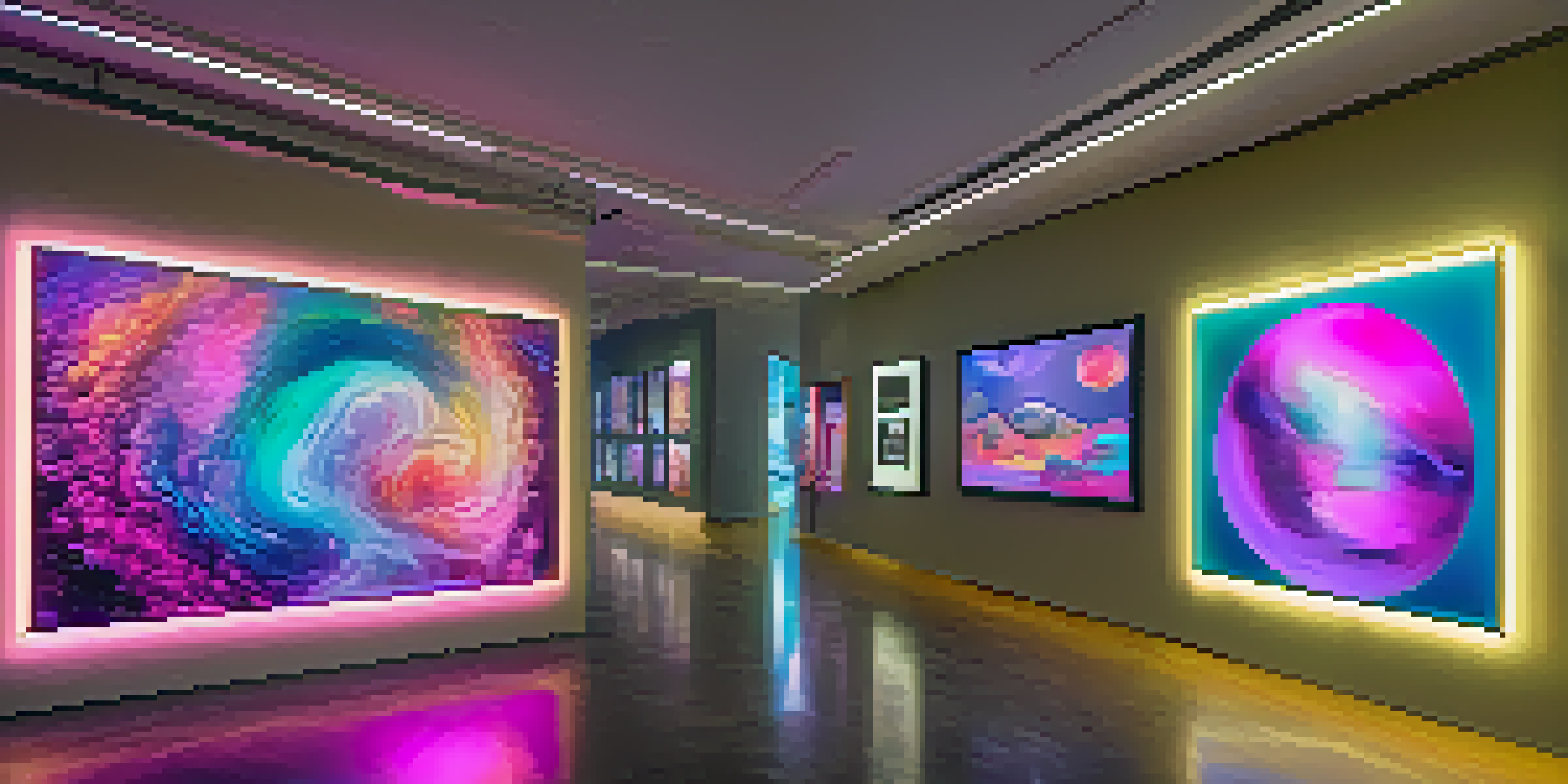 A modern digital art gallery with illuminated frames of unique digital artworks and a diverse crowd.
