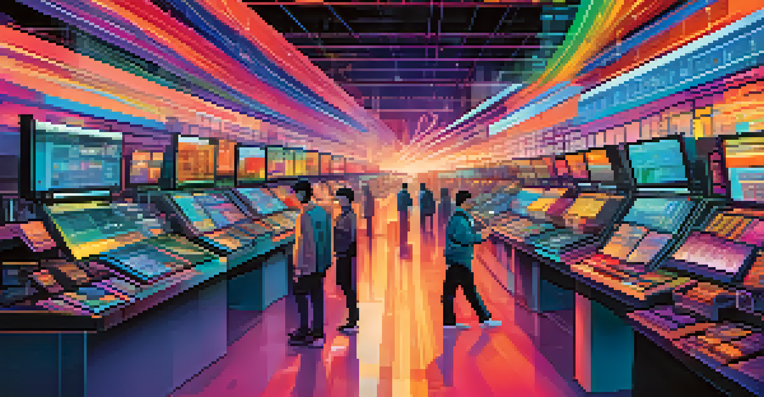 An abstract illustration depicting an automated market maker with lines and arrows indicating trade flows in a colorful digital landscape.