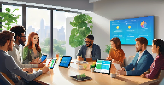 A diverse group of people discussing cryptocurrency donations around a digital tablet in a bright office environment.