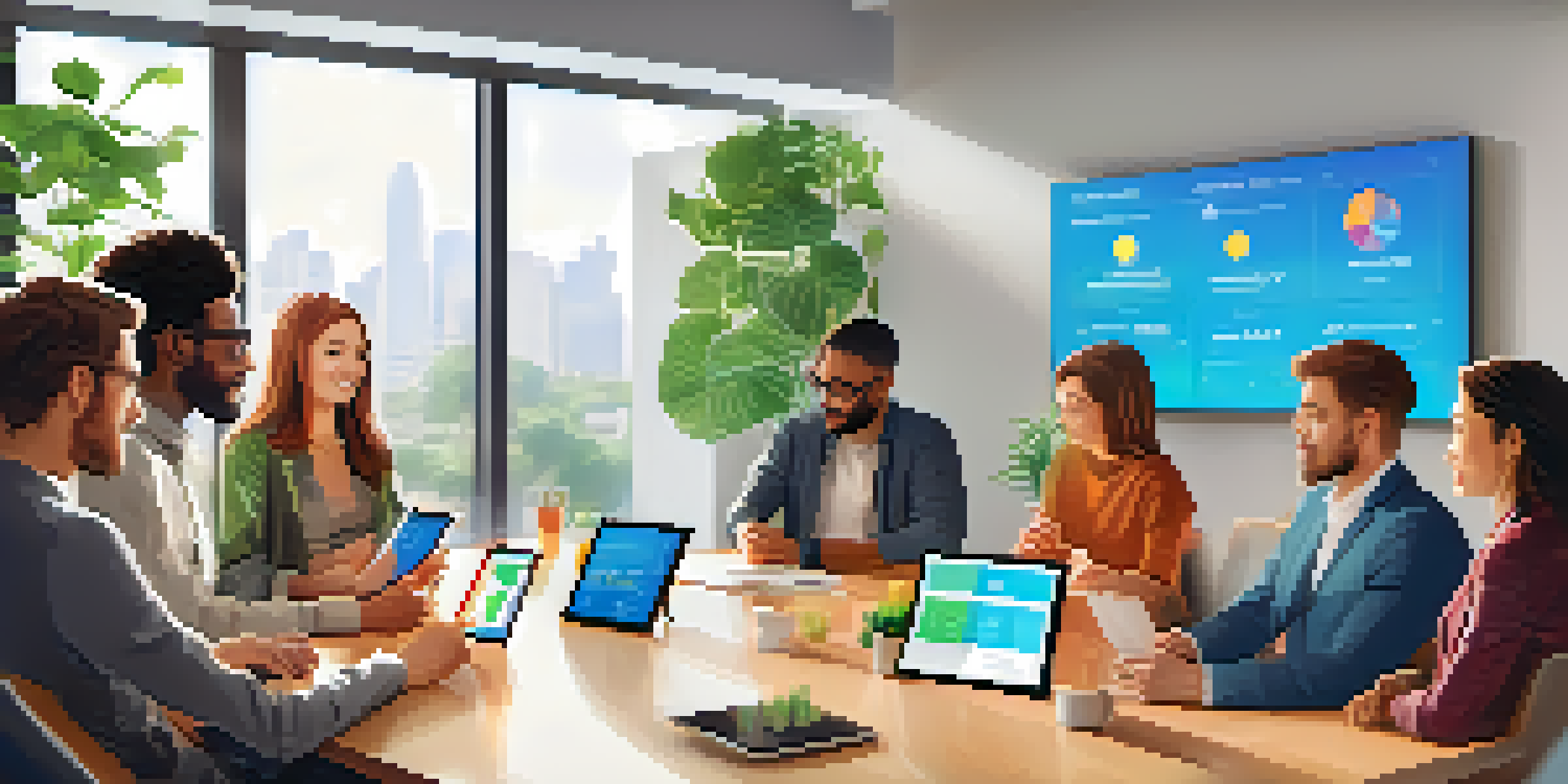 A diverse group of people discussing cryptocurrency donations around a digital tablet in a bright office environment.