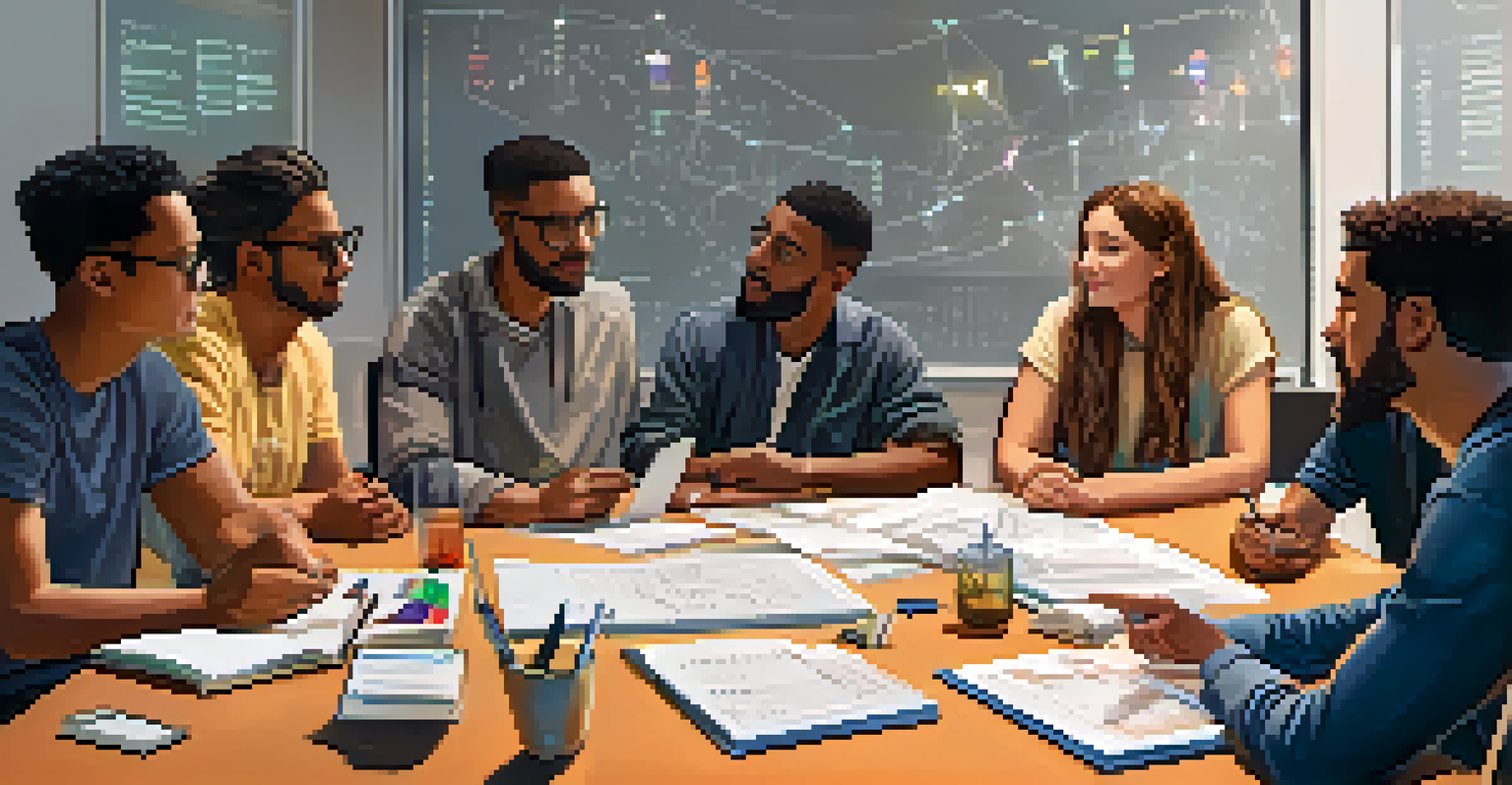 A diverse group of individuals discussing cryptocurrency investments at a table, surrounded by notebooks and digital devices.