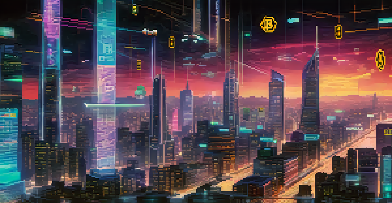 A modern city skyline featuring digital billboards and drones, representing the future of cryptocurrency and cross-border payments.
