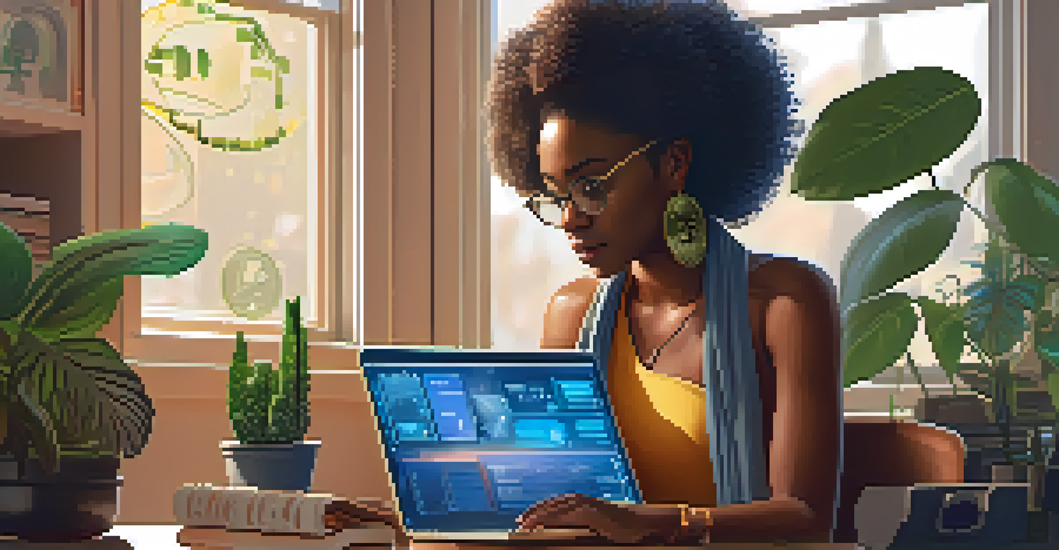 A young African woman working on cryptocurrency trends in a cozy home office with a laptop and plants.