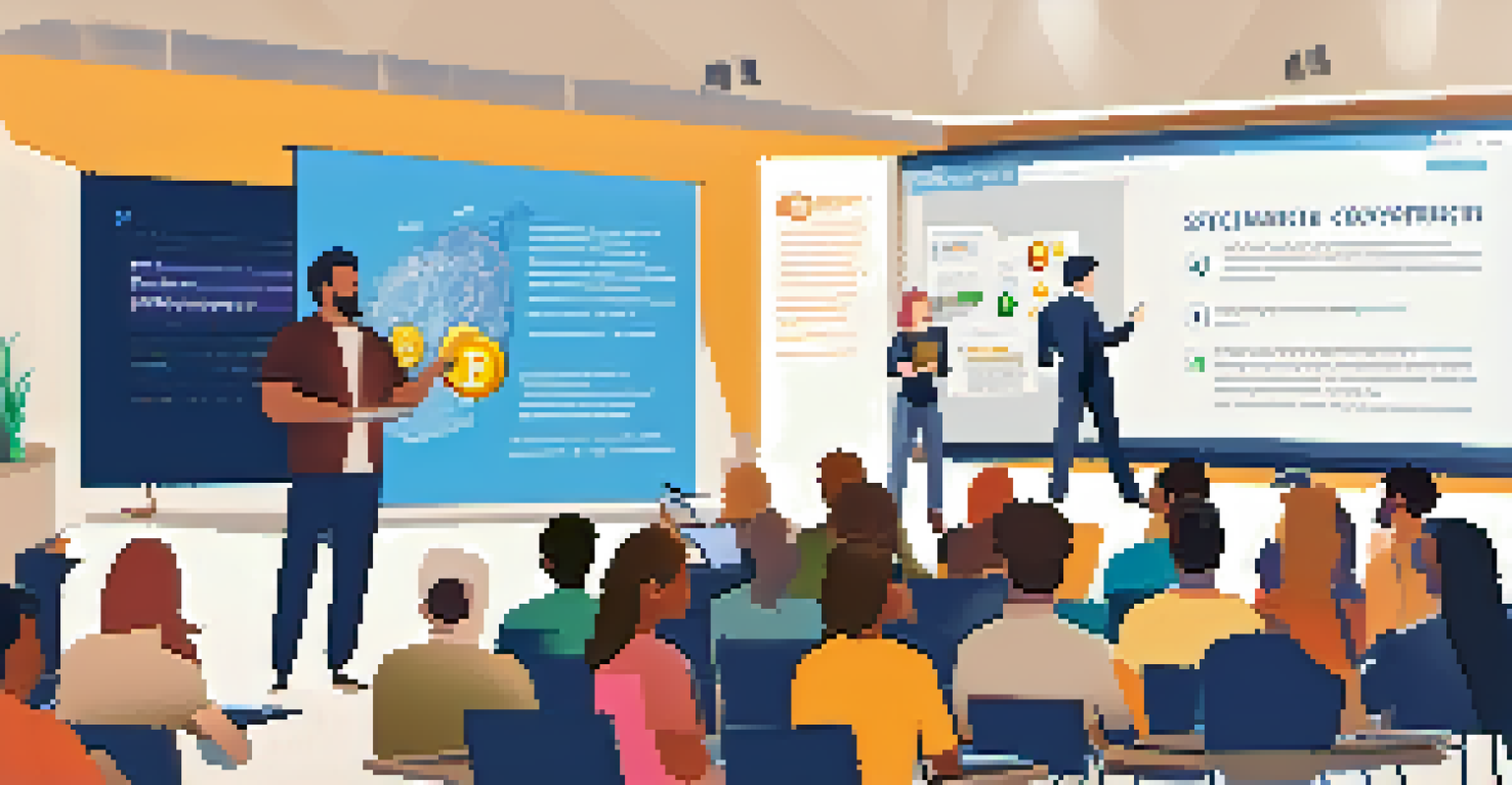 A workshop on cryptocurrency security with a presenter and engaged attendees in a bright, educational environment.