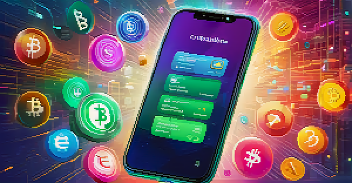 A smartphone with a digital wallet interface showing cryptocurrency icons, illuminated by warm lighting in a colorful background.