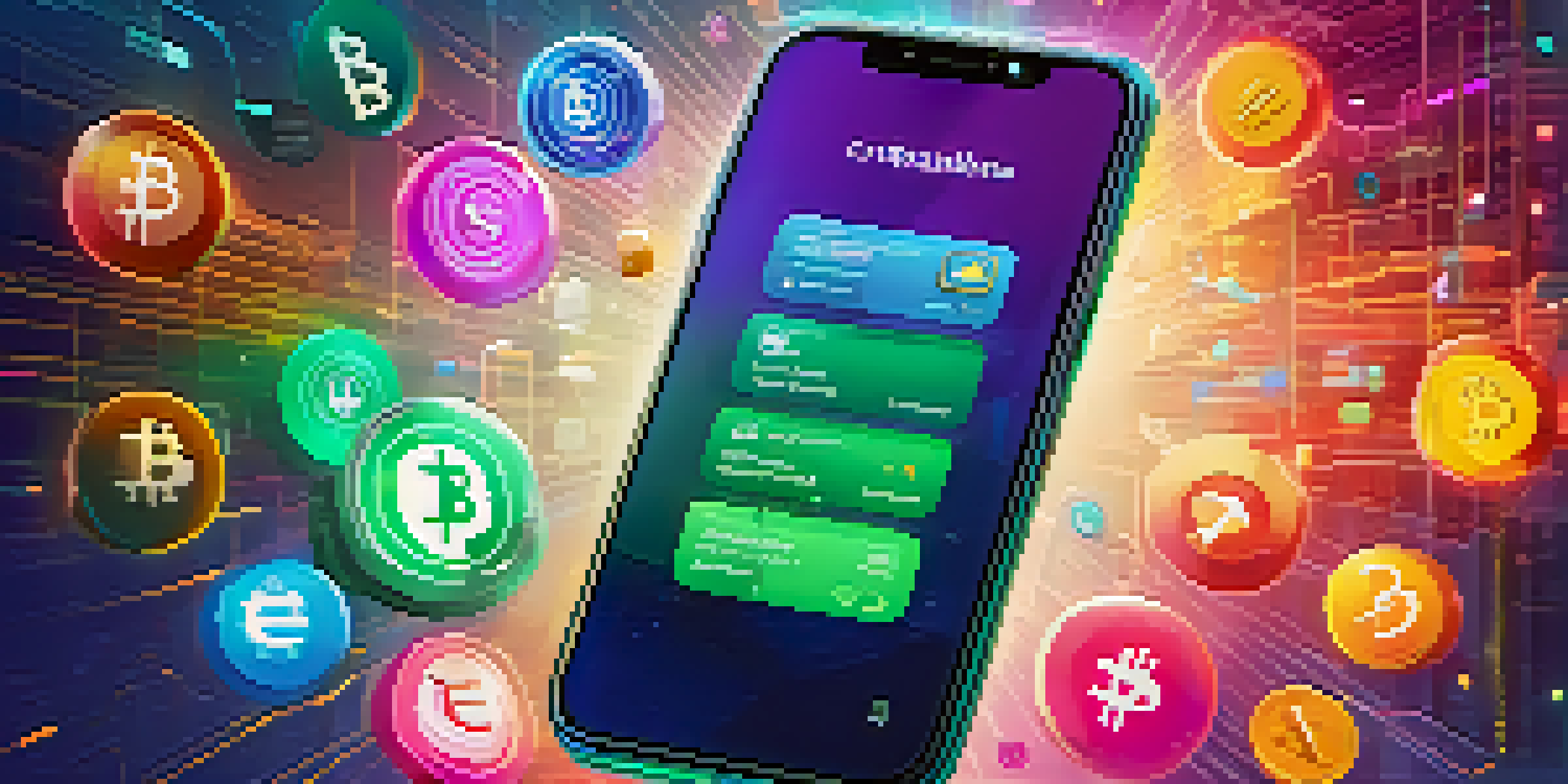 A smartphone with a digital wallet interface showing cryptocurrency icons, illuminated by warm lighting in a colorful background.