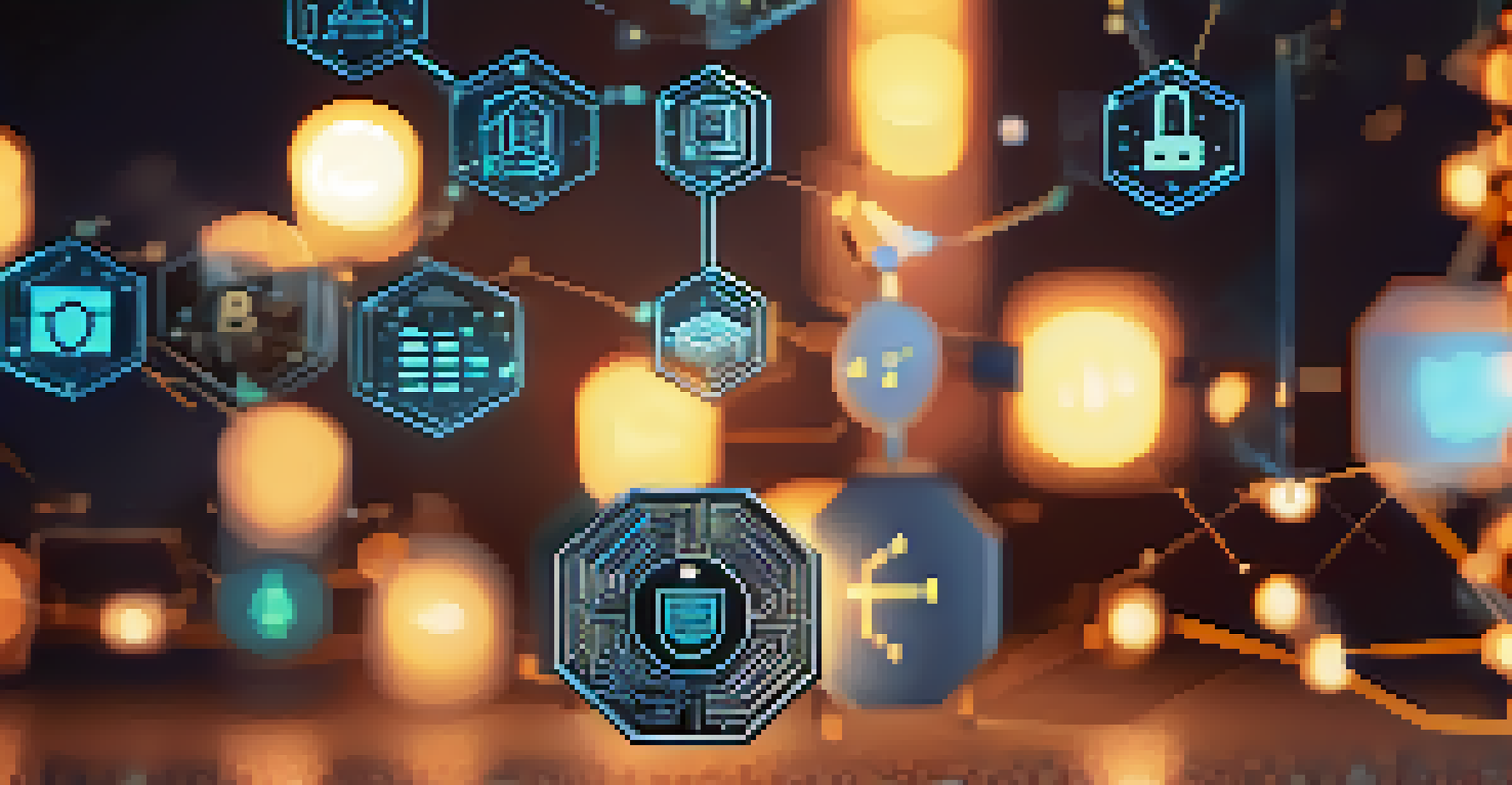 A close-up view of a blockchain ledger with glowing blocks and insurance policy icons.