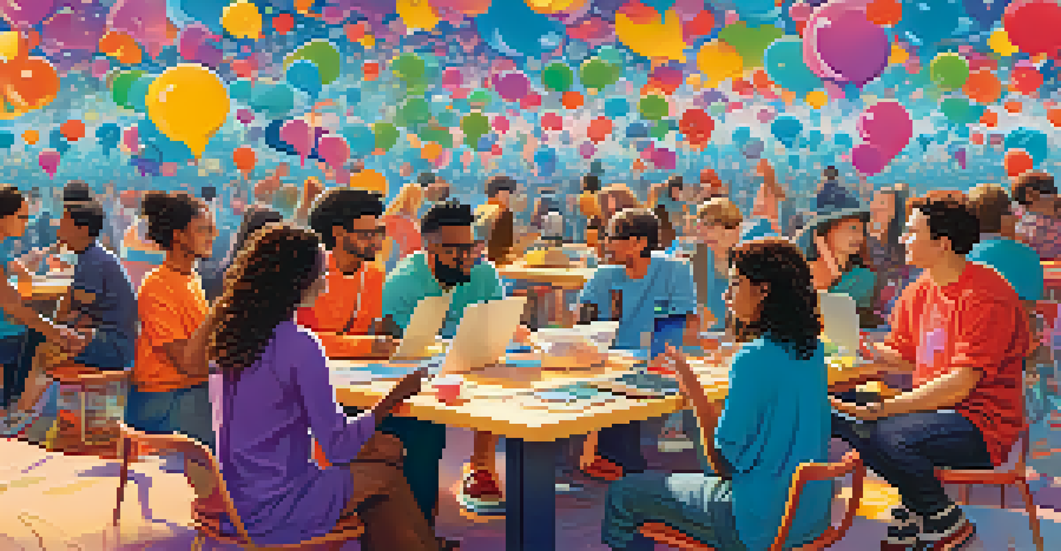 An artistic digital landscape representing a virtual community with avatars interacting on social media platforms.