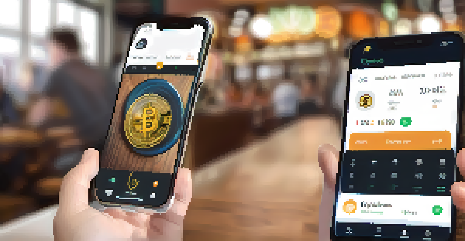 A close-up of a person trading cryptocurrencies on their smartphone in a coffee shop, highlighting the app interface.