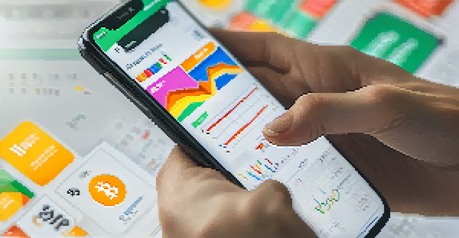 A close-up of a person's hand holding a smartphone with a cryptocurrency trading app open, showing colorful charts.