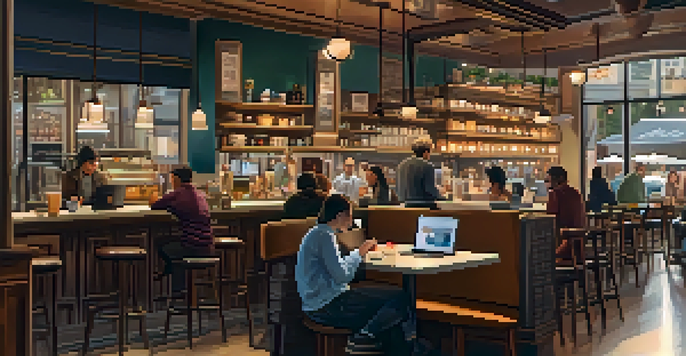 A person working on a laptop in a cozy café, with warm lighting and coffee cups on the table.