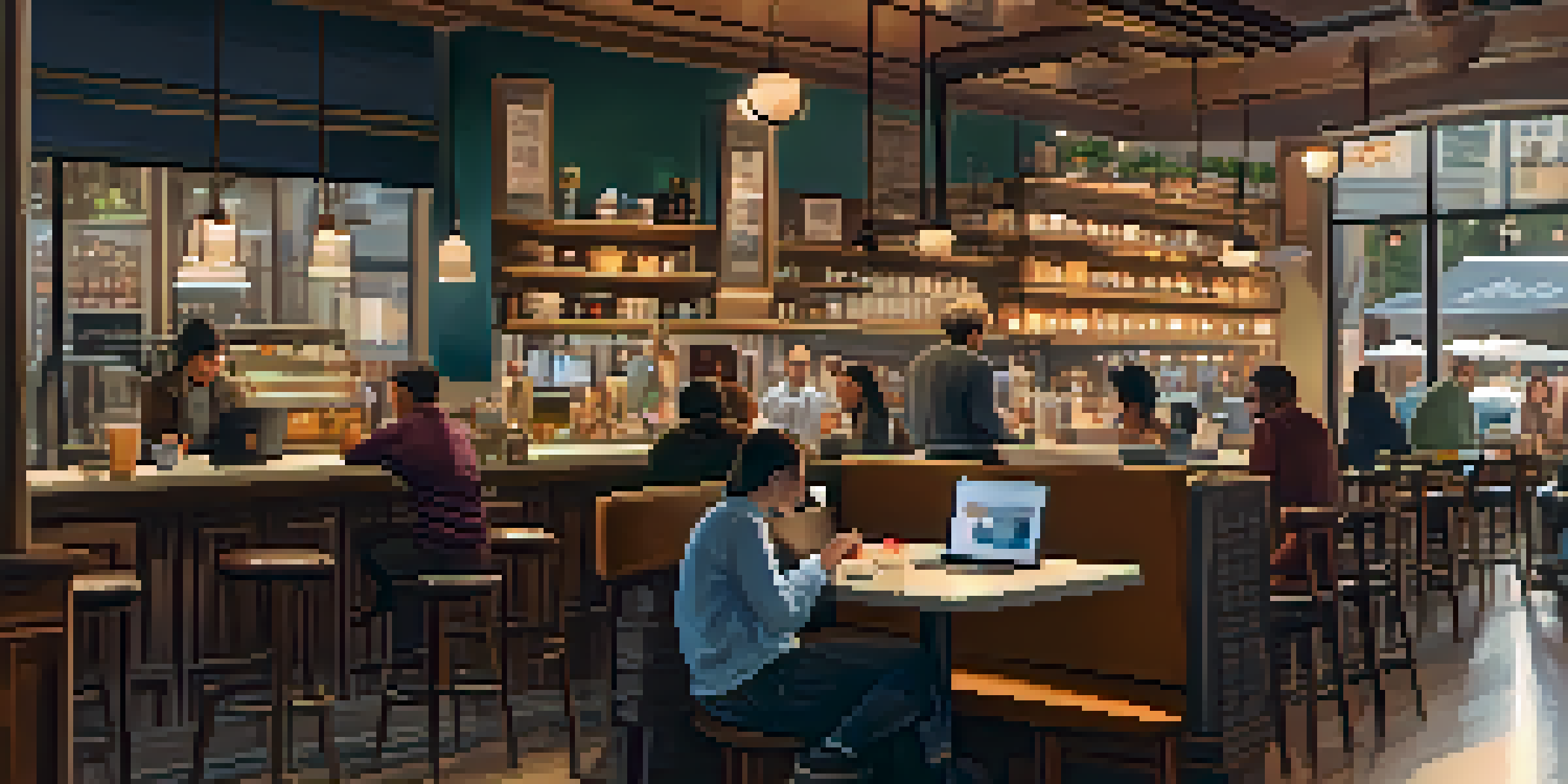 A person working on a laptop in a cozy café, with warm lighting and coffee cups on the table.