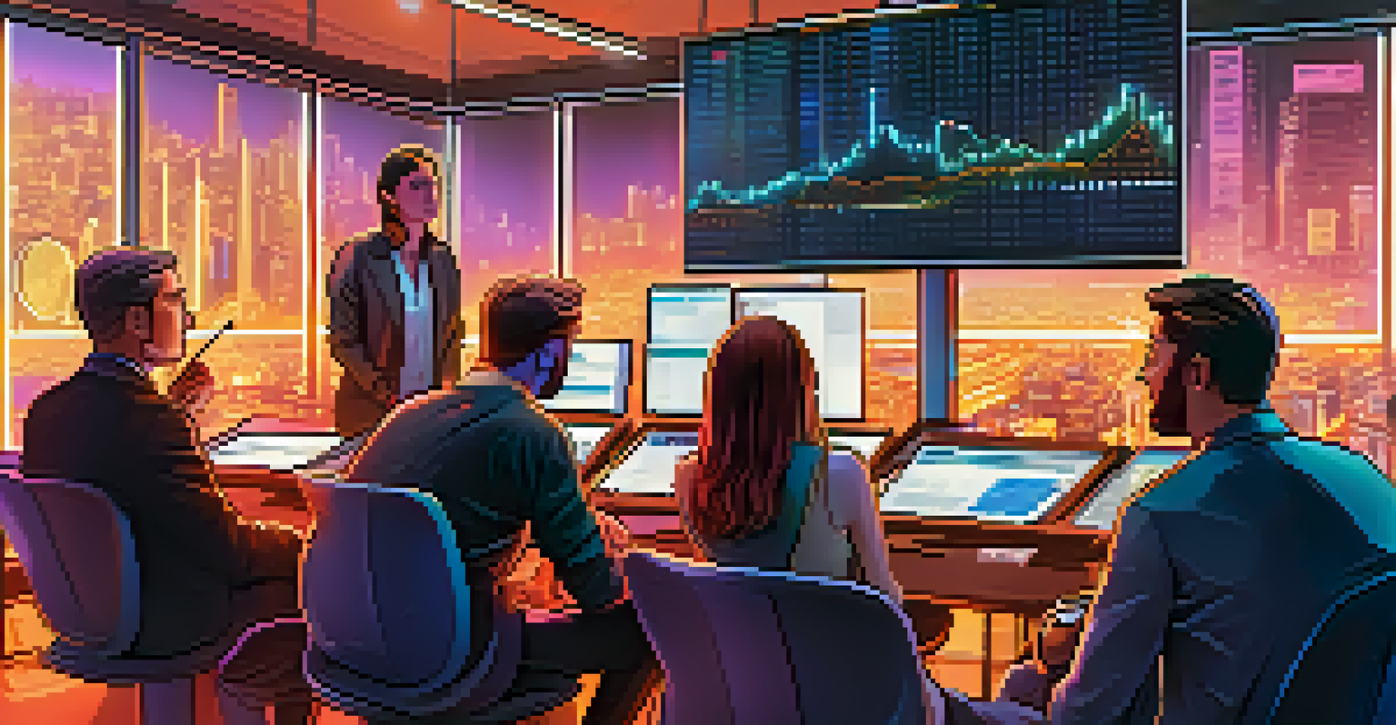 A diverse group of traders collaborating around a large screen showing crypto market data in a modern, brightly lit room.