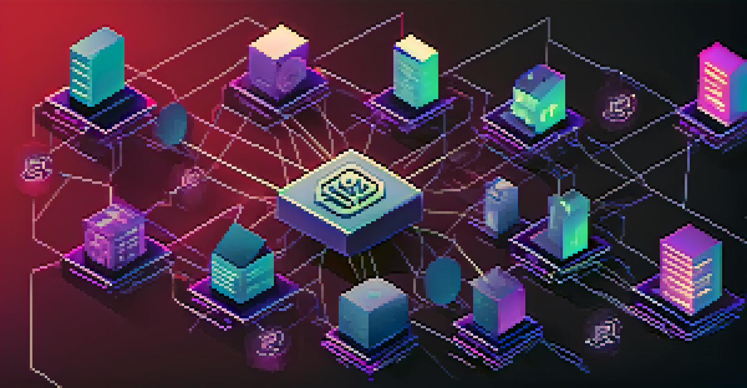 A visual representation of a blockchain network illustrating supply chain transactions, featuring interconnected nodes and industry icons against a dark blue and purple background.