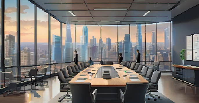 A diverse group of professionals in a bright conference room discussing cryptocurrency regulation, with graphs on a digital screen and a city skyline outside.