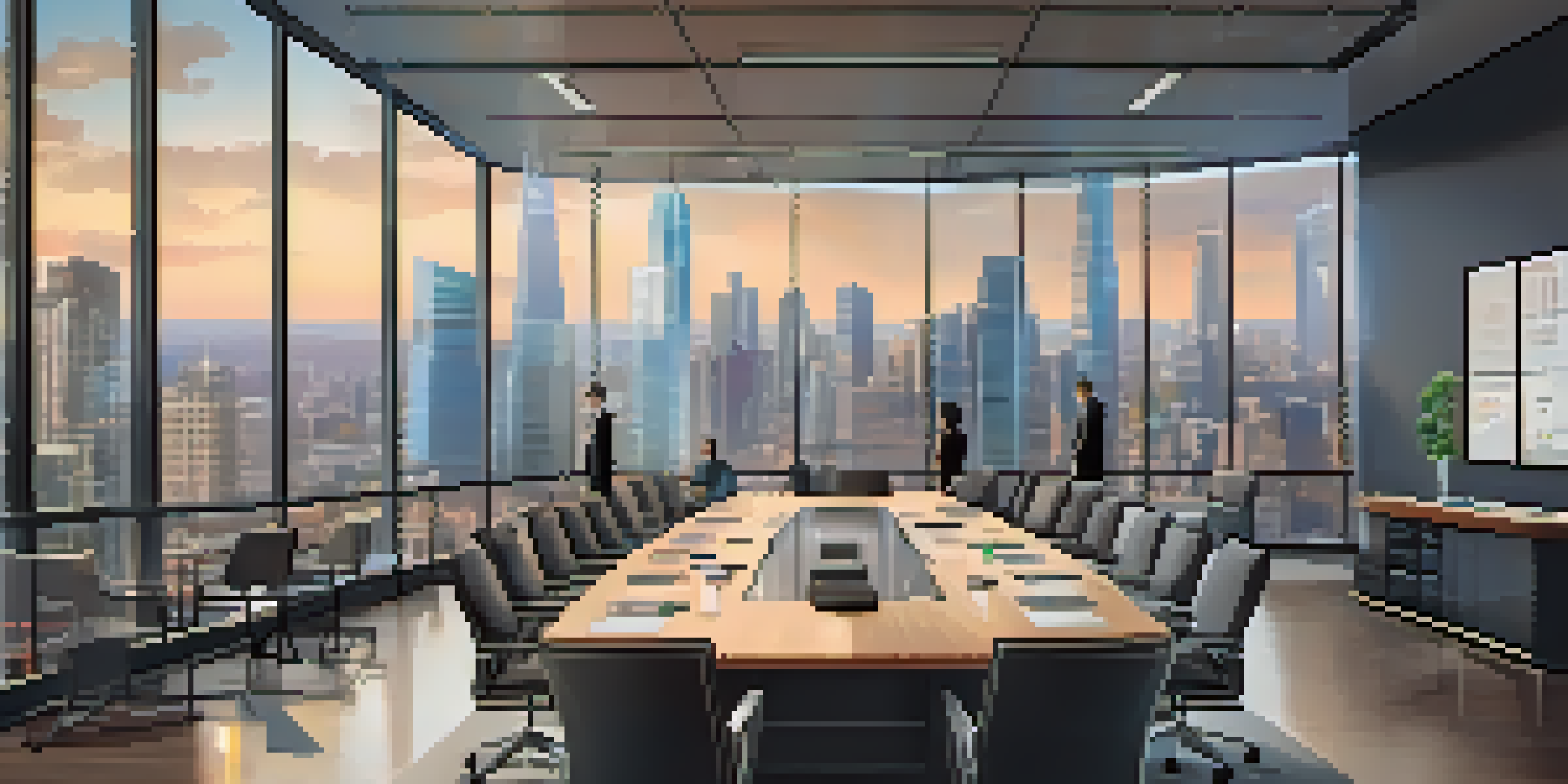 A diverse group of professionals in a bright conference room discussing cryptocurrency regulation, with graphs on a digital screen and a city skyline outside.