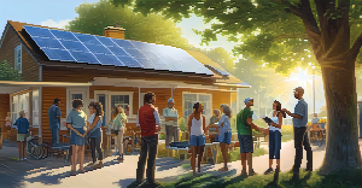 A community solar project with residents interacting around solar panels in a green environment.