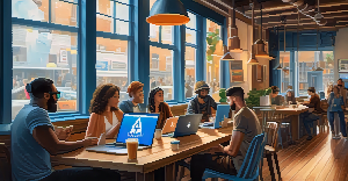 A diverse group of people in a coffee shop, analyzing cryptocurrency trends on laptops with Twitter feeds visible on their screens.