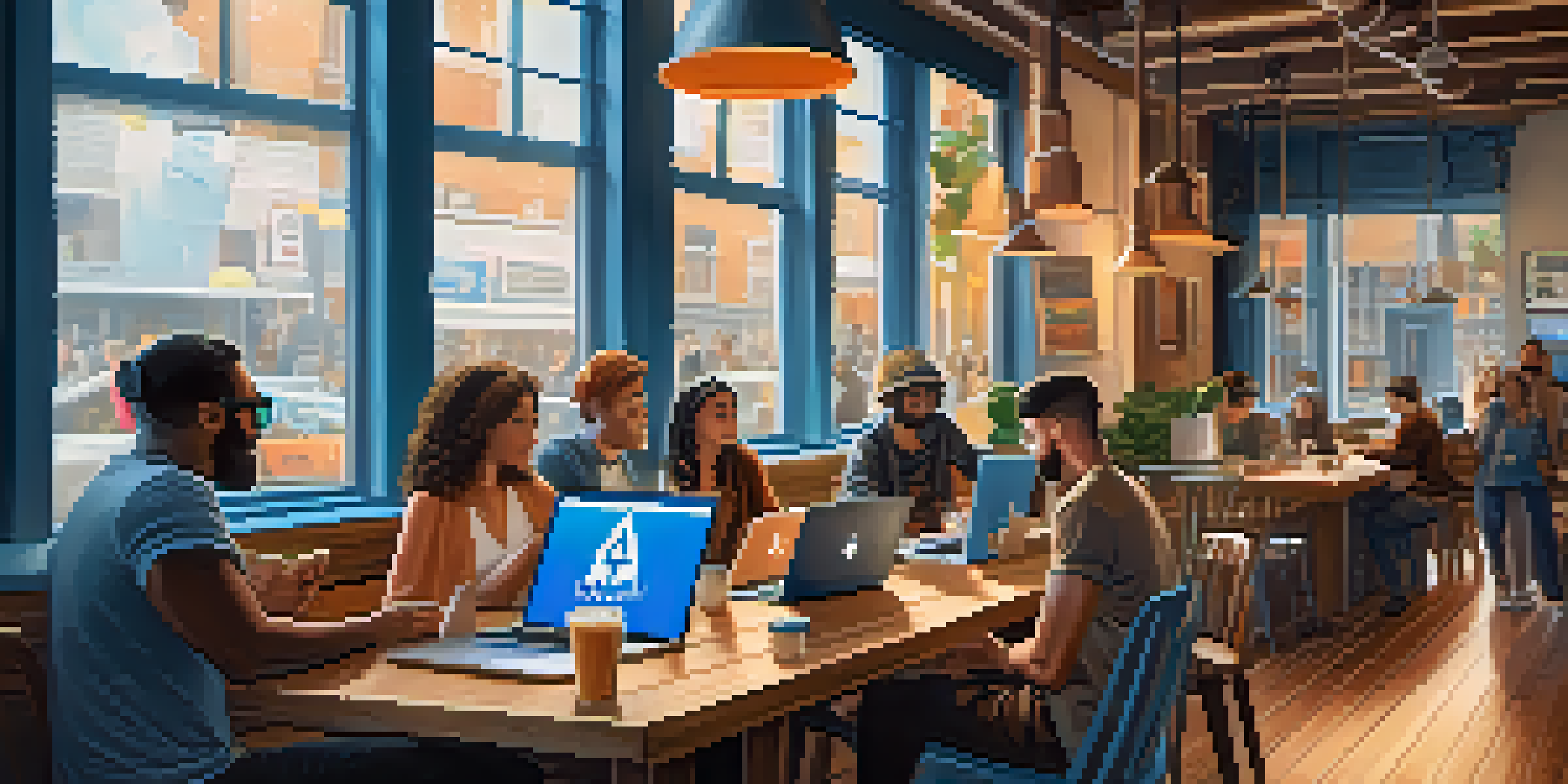 A diverse group of people in a coffee shop, analyzing cryptocurrency trends on laptops with Twitter feeds visible on their screens.