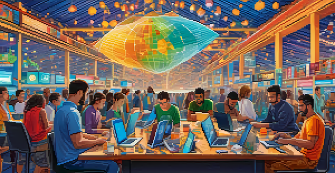 A diverse group of people engaged in cryptocurrency transactions on laptops and smartphones in a digital marketplace, with a world map in the background.