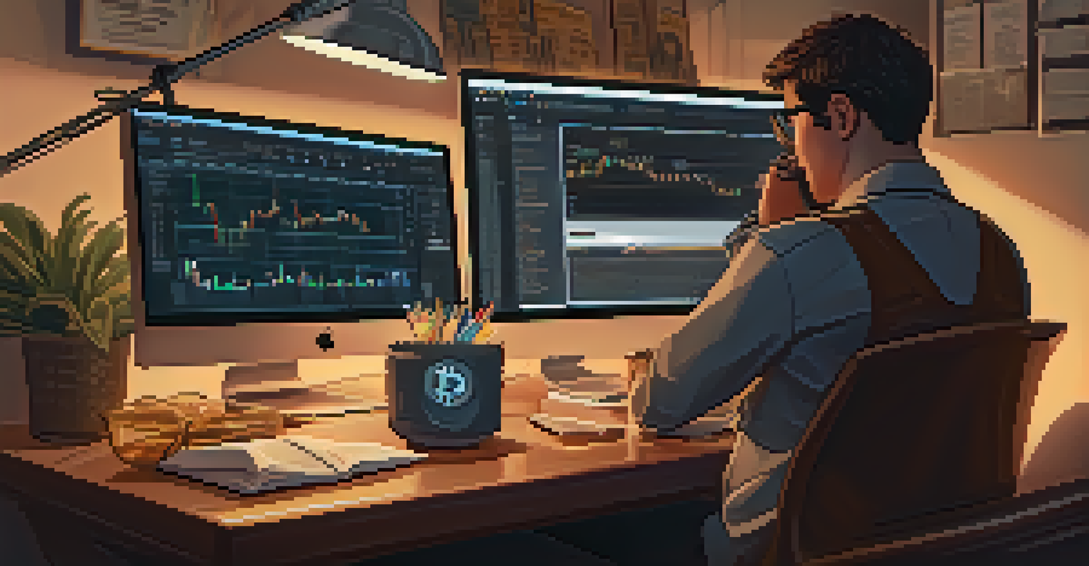 A person at a desk, focused on their laptop showing cryptocurrency news, with notes and a coffee cup around, and warm ambient lighting.
