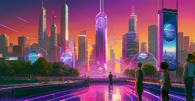 A vibrant futuristic city skyline at sunset with skyscrapers and diverse people discussing cryptocurrency.