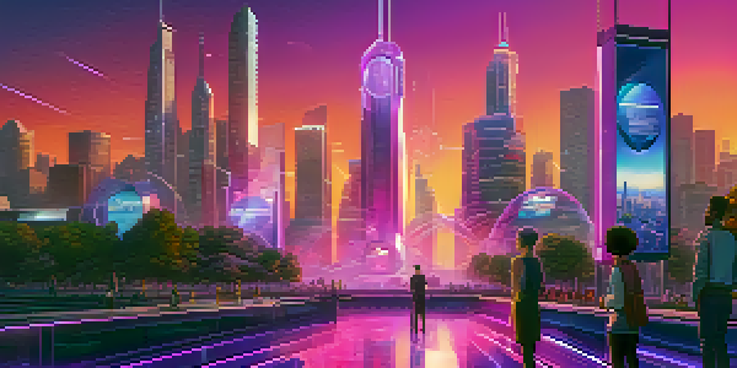 A vibrant futuristic city skyline at sunset with skyscrapers and diverse people discussing cryptocurrency.
