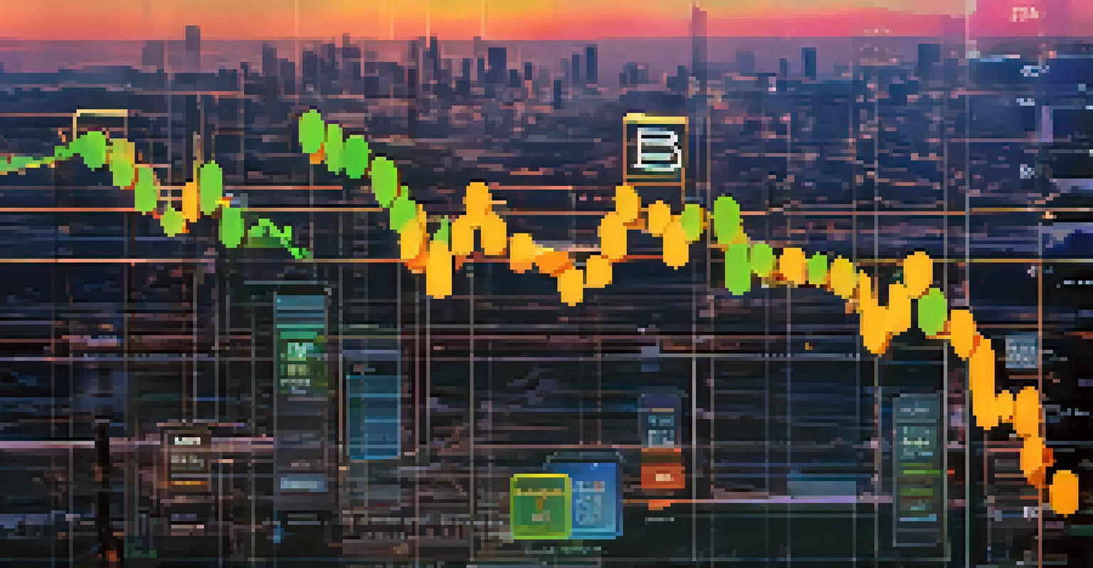 An artistic representation of Bollinger Bands on a cryptocurrency price graph, with arrows indicating buy and sell points against a city skyline background.