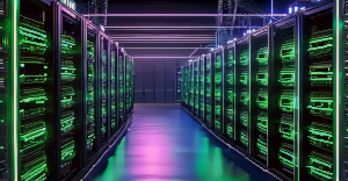 A detailed view of a cryptocurrency mining rig with glowing GPUs and cables in a dark setting.