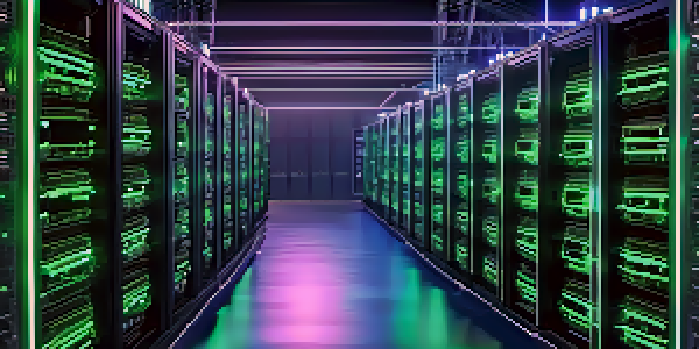 A detailed view of a cryptocurrency mining rig with glowing GPUs and cables in a dark setting.