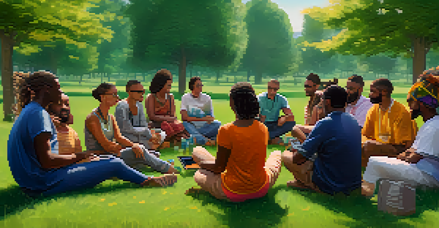 A diverse group of people discussing decentralized insurance in a community gathering on a grassy field.