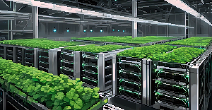 A modern cryptocurrency mining farm with rows of ASIC mining rigs and cooling systems, surrounded by greenery.
