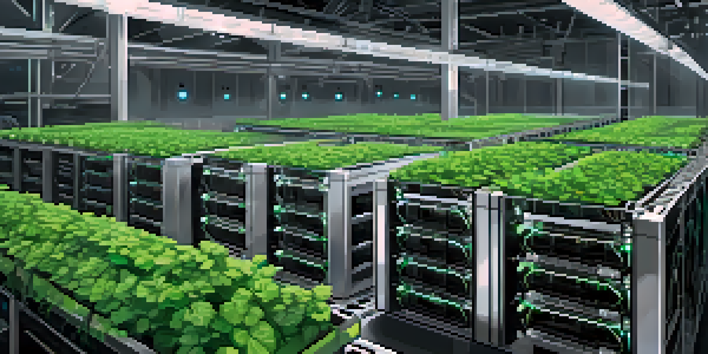 A modern cryptocurrency mining farm with rows of ASIC mining rigs and cooling systems, surrounded by greenery.
