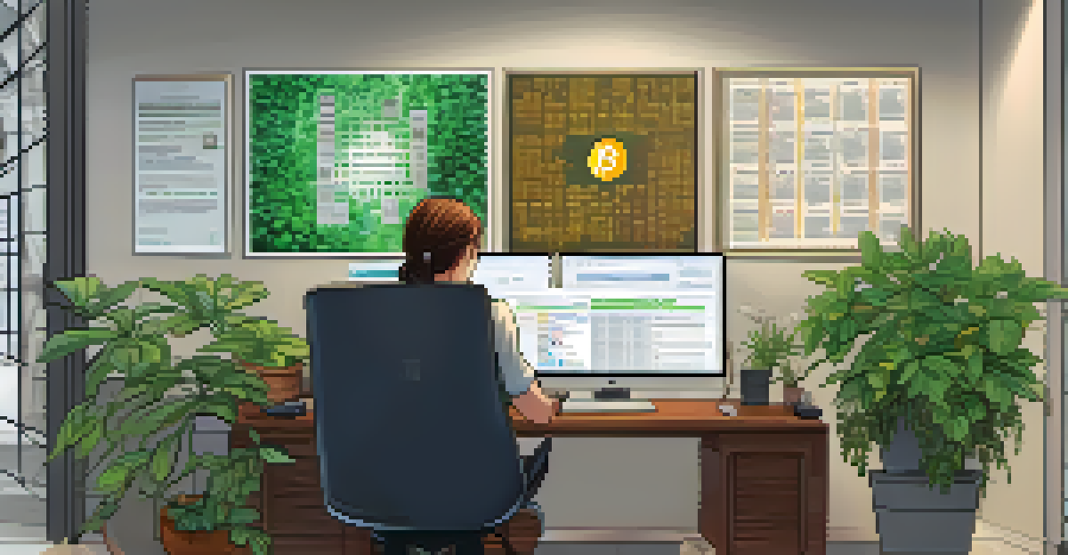 A person at a desk using tax software for cryptocurrency, with cryptocurrency posters on the wall and a potted plant in the background.