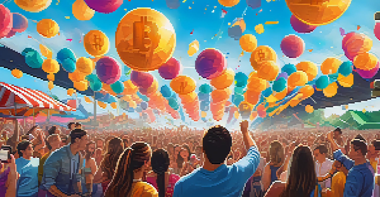 People joyfully receiving digital tokens during a cryptocurrency airdrop event.