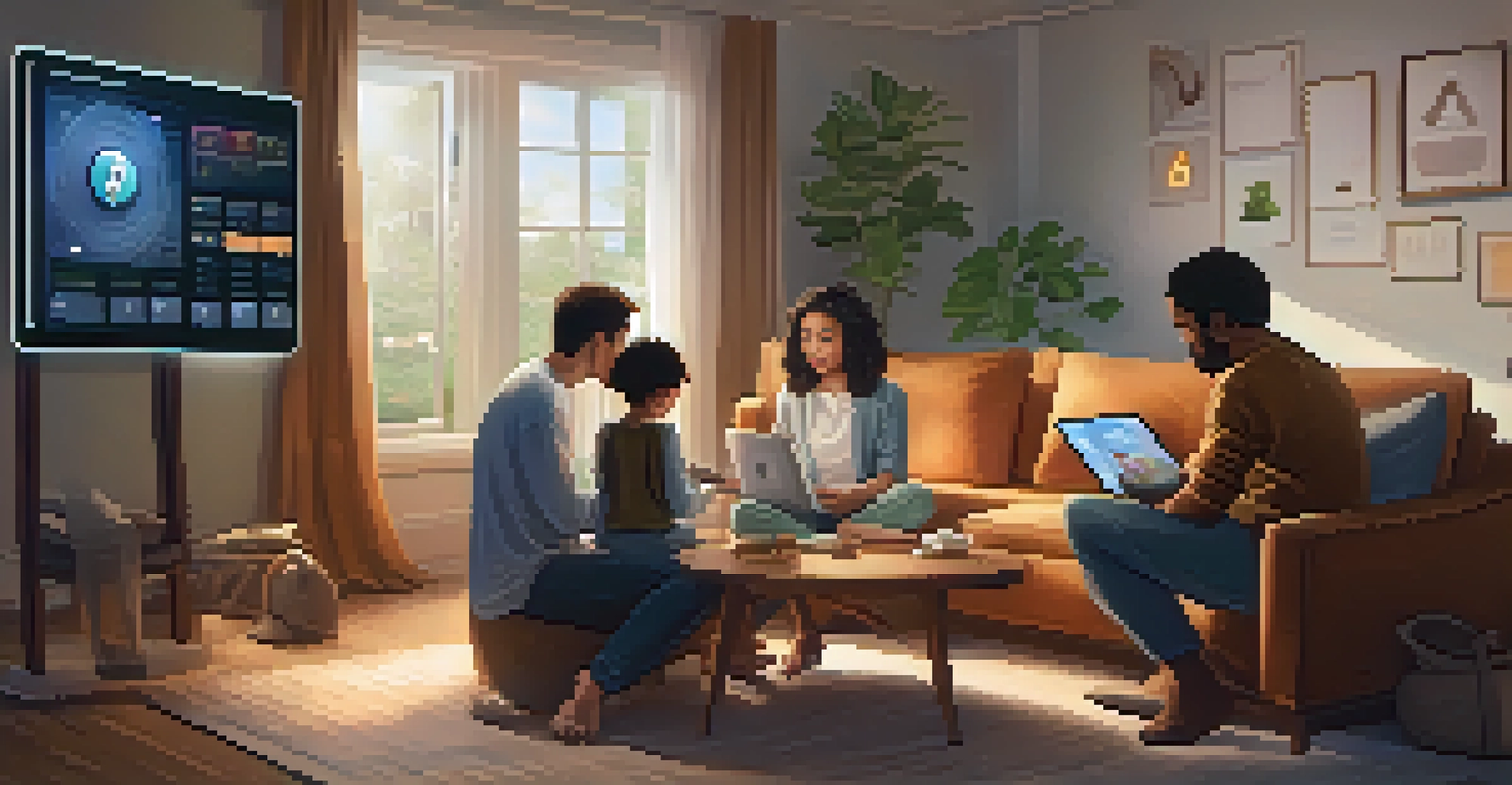 A family gathered around a tablet discussing finances with cryptocurrency balances displayed on the screen.