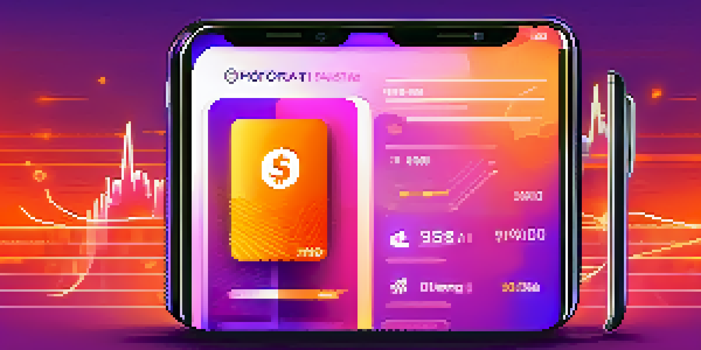 A smartphone displaying a digital wallet interface with colorful graphics and a warm gradient background.