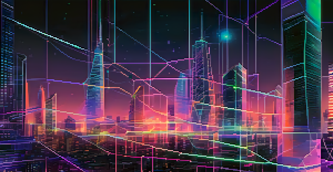 A futuristic cityscape with interconnected glowing lines and nodes representing blockchain networks, set at twilight with vibrant blues and purples.